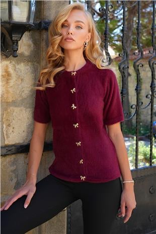 Kadın Bordo Bisiklet Yaka Önü Düğmeli Bisiklet Yaka Tüylü Triko Hırka ALC-X14483