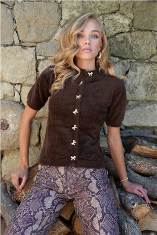 Kadın Kahverengi Bisiklet Yaka Önü Düğmeli Bisiklet Yaka Tüylü Triko Hırka ALC-X14483