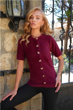 Kadın Bordo Bisiklet Yaka Önü Düğmeli Bisiklet Yaka Tüylü Triko Hırka ALC-X14483