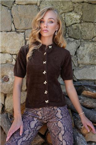 Kadın Kahverengi Bisiklet Yaka Önü Düğmeli Bisiklet Yaka Tüylü Triko Hırka ALC-X14483