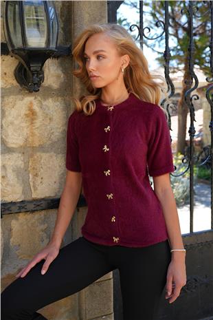 Kadın Bordo Bisiklet Yaka Önü Düğmeli Bisiklet Yaka Tüylü Triko Hırka ALC-X14483