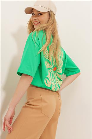 Bisiklet Yaka Önü Ve Arkası Flok Baskılı %100 Pamuk Oversize T-Shirt - Yeşil