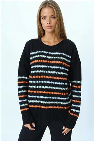Kadın Siyah Bisiklet Yaka Örgü Detaylı Çizgili Triko Kazak VS01064