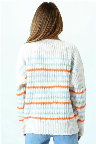 Kadın Krem Bisiklet Yaka Örgü Detaylı Çizgili Triko Kazak VS01064