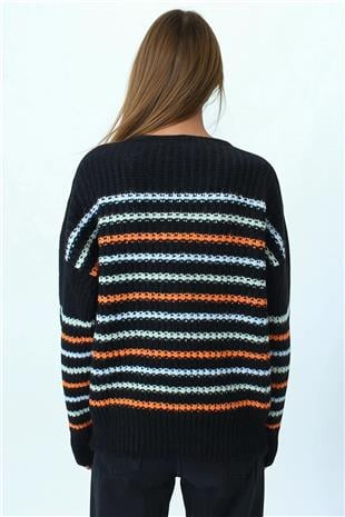 Kadın Siyah Bisiklet Yaka Örgü Detaylı Çizgili Triko Kazak VS01064