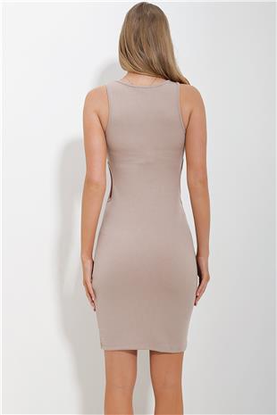 Kadın Bej Bisiklet Yaka Otucut Kesimli Örme Elbise ALC-X11643