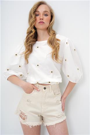 Kadın Beyaz Bisiklet Yaka Outcut Kesim Nakış İşlemeli Crop Keten Bluz ALC-X14106