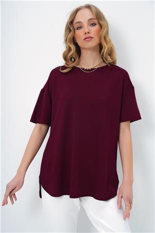 Kadın Bordo Bisiklet Yaka Oval Kesim Modal T-Shirt ALC-X11506