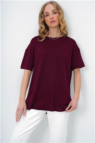 Kadın Bordo Bisiklet Yaka Oval Kesim Modal T-Shirt ALC-X11506