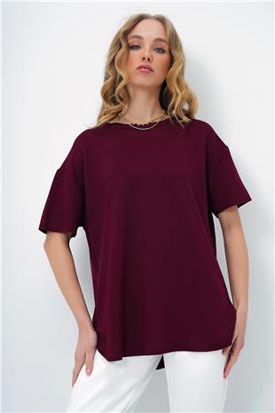 Kadın Bordo Bisiklet Yaka Oval Kesim Modal T-Shirt ALC-X11506