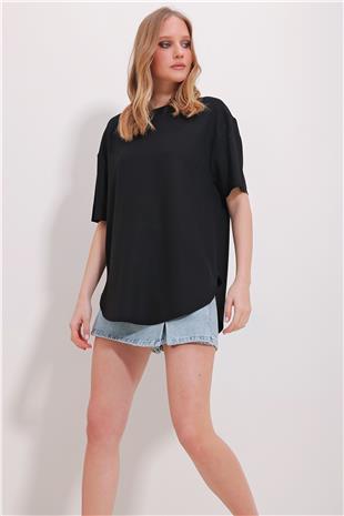 Kadın Siyah Bisiklet Yaka Oval Kesim Modal T-Shirt Alc-X11506