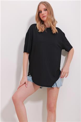 Kadın Siyah Bisiklet Yaka Oval Kesim Modal T-Shirt Alc-X11506