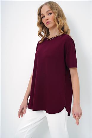 Kadın Bordo Bisiklet Yaka Oval Kesim Modal T-Shirt ALC-X11506