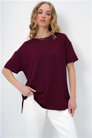 Kadın Bordo Bisiklet Yaka Oval Kesim Modal T-Shirt ALC-X11506