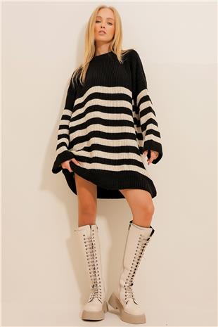 Kadın Bej Bisiklet Yaka Oversize Çizgili Triko Bluz ALC-X11061