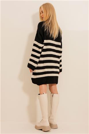 Kadın Bej Bisiklet Yaka Oversize Çizgili Triko Bluz ALC-X11061