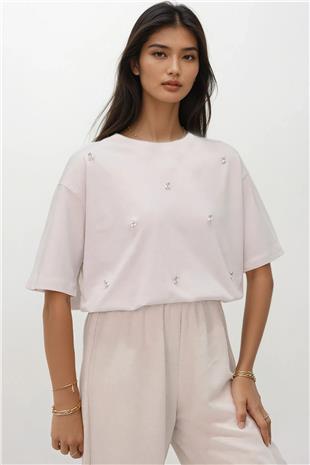 Kadın Taş Bisiklet Yaka Oversize İnci Ve Taş İşlemeli T-Shirt ALC-X11964