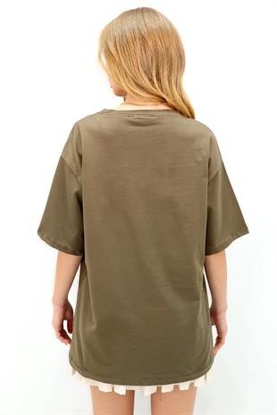 Kadın Haki Bisiklet Yaka Oversize İnci Ve Taş İşlemeli T-Shirt ALC-X11964
