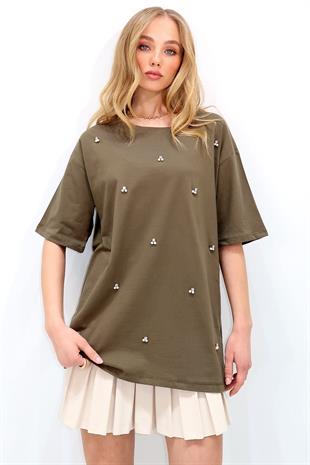 Kadın Haki Bisiklet Yaka Oversize İnci Ve Taş İşlemeli T-Shirt ALC-X11964