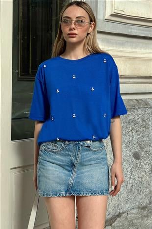 Kadın Saks Bisiklet Yaka Oversize İnci Ve Taş İşlemeli T-Shirt ALC-X11964