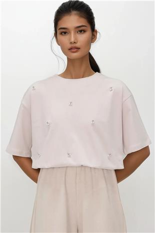 Kadın Taş Bisiklet Yaka Oversize İnci Ve Taş İşlemeli T-Shirt ALC-X11964