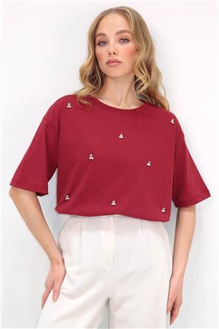 Kadın Bordo Bisiklet Yaka Oversize İnci Ve Taş İşlemeli T-Shirt ALC-X11964