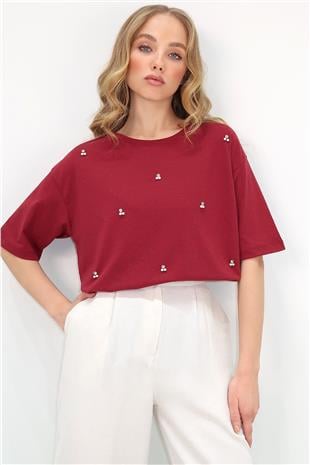 Kadın Bordo Bisiklet Yaka Oversize İnci Ve Taş İşlemeli T-Shirt ALC-X11964
