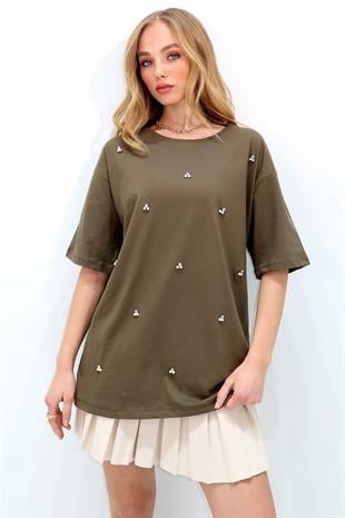 Kadın Haki Bisiklet Yaka Oversize İnci Ve Taş İşlemeli T-Shirt ALC-X11964