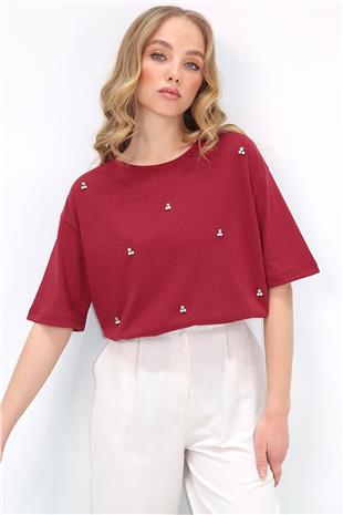 Kadın Bordo Bisiklet Yaka Oversize İnci Ve Taş İşlemeli T-Shirt ALC-X11964