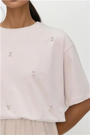 Kadın Taş Bisiklet Yaka Oversize İnci Ve Taş İşlemeli T-Shirt ALC-X11964