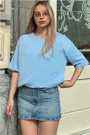 Kadın Bebe Mavi Bisiklet Yaka Oversize İnci Ve Taş İşlemeli T-Shirt ALC-X11964