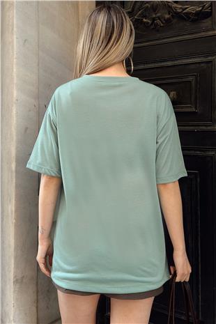 Kadın Çağla Yeşili Bisiklet Yaka Oversize İnci Ve Taş İşlemeli T-Shirt ALC-X11964