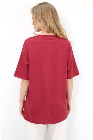 Kadın Bordo Bisiklet Yaka Oversize İnci Ve Taş İşlemeli T-Shirt ALC-X11964