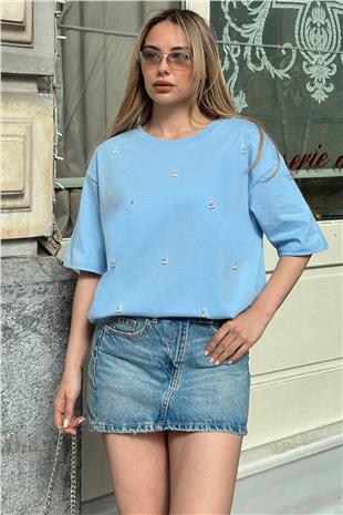 Kadın Bebe Mavi Bisiklet Yaka Oversize İnci Ve Taş İşlemeli T-Shirt ALC-X11964