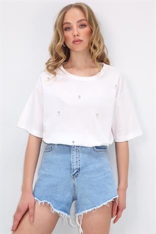 Kadın Ekru Bisiklet Yaka Oversize İnci Ve Taş İşlemeli T-Shirt ALC-X11964