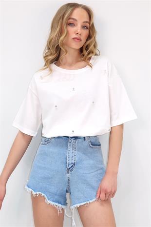 Kadın Ekru Bisiklet Yaka Oversize İnci Ve Taş İşlemeli T-Shirt ALC-X11964