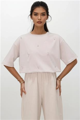 Kadın Taş Bisiklet Yaka Oversize İnci Ve Taş İşlemeli T-Shirt ALC-X11964
