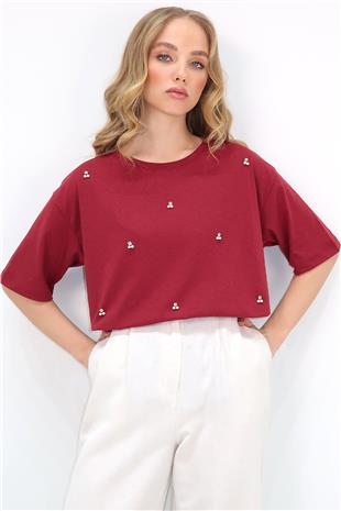 Kadın Bordo Bisiklet Yaka Oversize İnci Ve Taş İşlemeli T-Shirt ALC-X11964