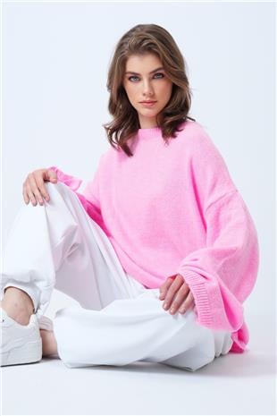 Kadın Pembe Bisiklet Yaka Oversize Yün Karışımlı Triko Kazak VS01186