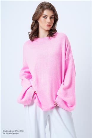 Kadın Pembe Bisiklet Yaka Oversize Yün Karışımlı Triko Kazak VS01186