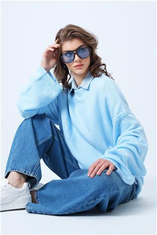 Kadın Mavi Bisiklet Yaka Oversize Yün Karışımlı Triko Kazak VS01186