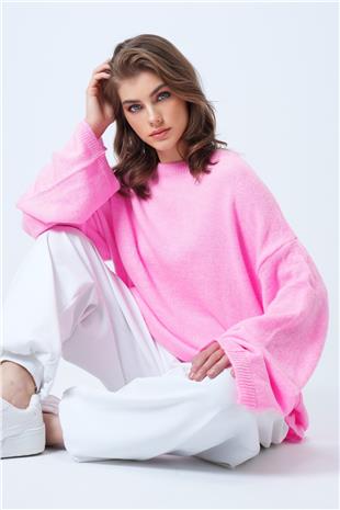Kadın Pembe Bisiklet Yaka Oversize Yün Karışımlı Triko Kazak VS01186