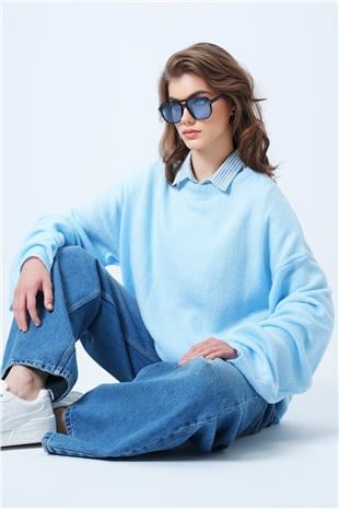 Kadın Mavi Bisiklet Yaka Oversize Yün Karışımlı Triko Kazak VS01186