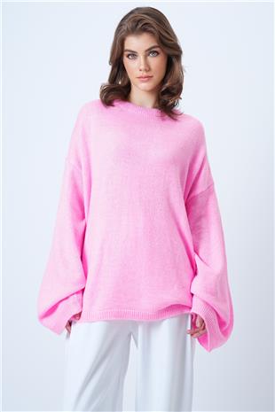 Kadın Pembe Bisiklet Yaka Oversize Yün Karışımlı Triko Kazak VS01186