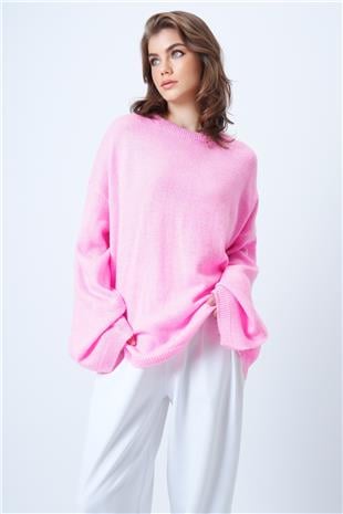 Kadın Pembe Bisiklet Yaka Oversize Yün Karışımlı Triko Kazak VS01186