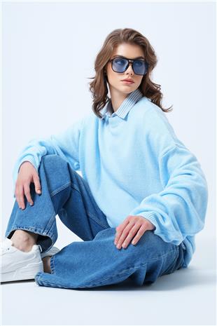 Kadın Mavi Bisiklet Yaka Oversize Yün Karışımlı Triko Kazak VS01186