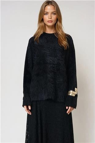 Kadın Siyah Bisiklet Yaka Püsküllü Kazak VS01025