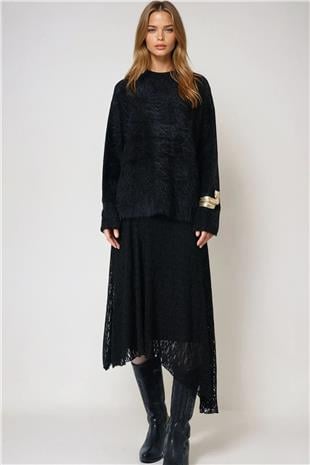 Kadın Siyah Bisiklet Yaka Püsküllü Kazak VS01025