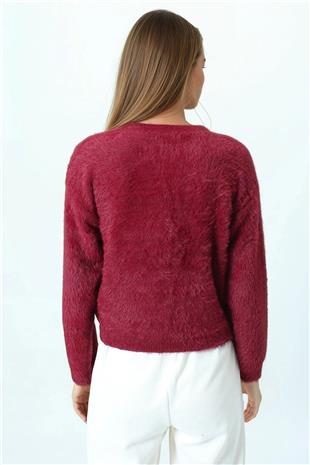Kadın Bordo Bisiklet Yaka Püsküllü Triko Kazak VS01073