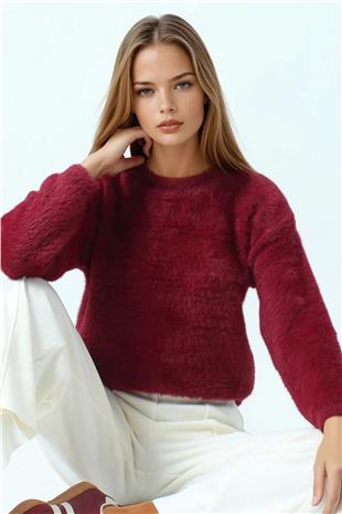 Kadın Bordo Bisiklet Yaka Püsküllü Triko Kazak VS01073